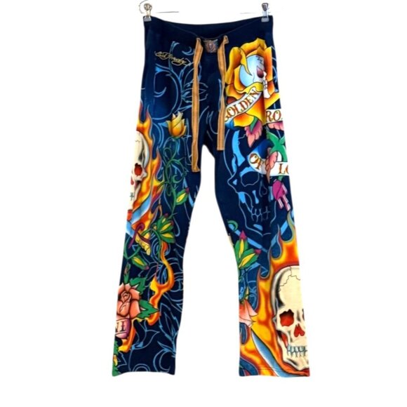 Ed Hardy Golden Rose of Love Track Lounge Pants Navy Embroidered HTF Size M NWOT - Picture 2 of 13